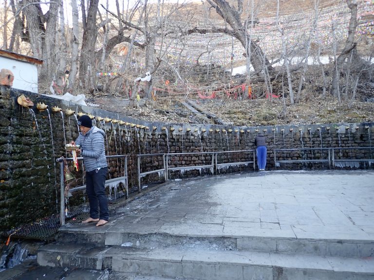 The sacred water flows in 108 pipes in temple yard and presents 108 Vishnu temples located in India, Nepal and two are believed to be outside the Earth..., and devotees take their sacred bath even in freezing temperatures.